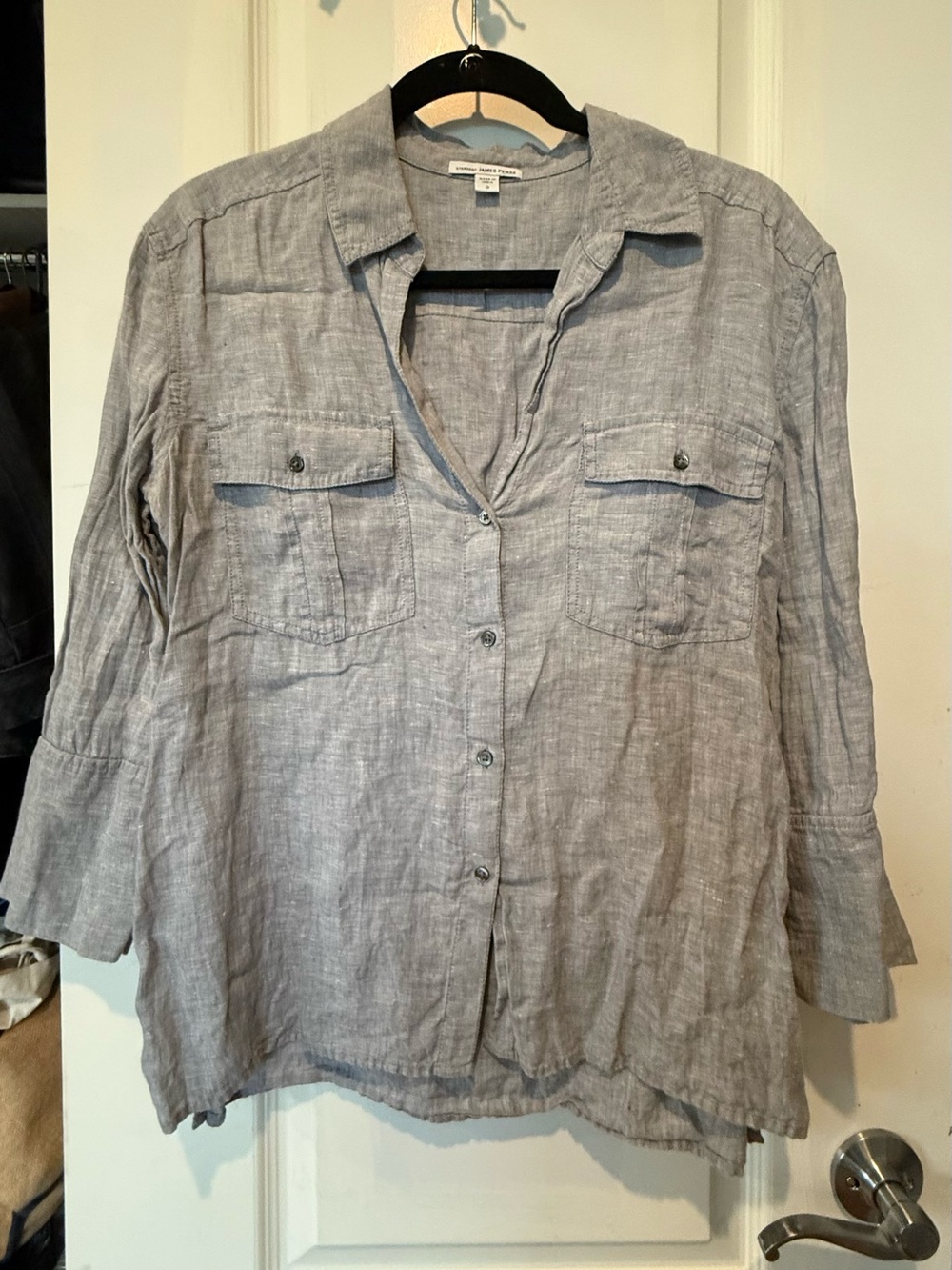 James Perse grey linen button down blouse with three quarter sleeves